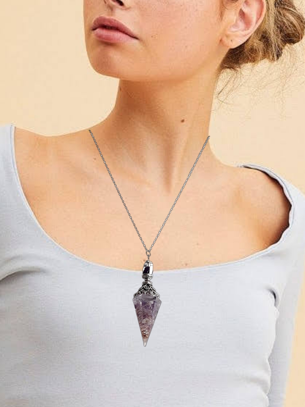Amethyst Crystal Pendulum Pendant Necklace 18" Chain 2.5" NWOT